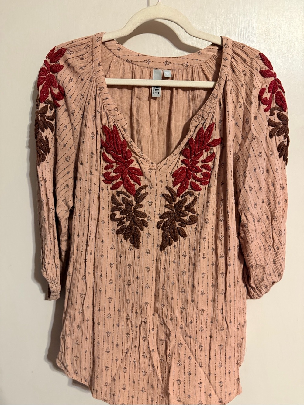 Kut From The Kloth Women’s Large Boho Embroidered Peasant Blouse Peach 3/4 - Picture 3 of 11
